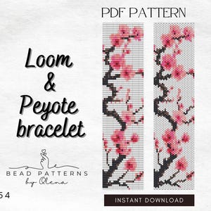 May include: PDF pattern for a loom and peyote bracelet design. The design features a branch with pink cherry blossoms. The text "Loom & Peyote bracelet" is in black script. The text "PDF PATTERN" and "INSTANT DOWNLOAD" are also included.