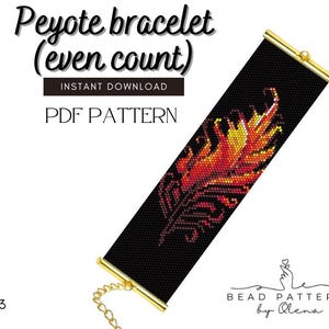 May include: Black peyote bracelet with a gold clasp and chain. The bracelet features a beaded feather design in shades of red, orange, and yellow. Text on the image reads "Peyote bracelet (even count) INSTANT DOWNLOAD PDF PATTERN".
