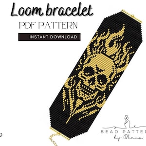 May include: Black loom bracelet with a gold skull and flame design. The text "Loom bracelet PDF Pattern Instant Download" is at the top. The bracelet is connected with a gold clasp. The design is by Bead Patterns by Olena.