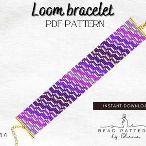May include: A loom bracelet with a geometric pattern in shades of purple, white, and pink. The bracelet has gold-coloured clasps and connectors. The image includes the text "Loom bracelet PDF PATTERN" and "INSTANT DOWNLOAD".