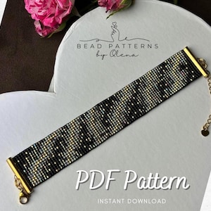 May include: A beaded bracelet with a black, gold, and silver pattern. The bracelet has gold-colored clasps and a chain. The image also includes the text "PDF Pattern" and "Instant Download". The bracelet is displayed on a white heart-shaped surface.