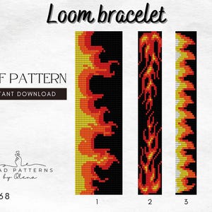 May include: A digital PDF pattern for loom bracelets. The design features three different flame patterns in shades of yellow, orange, and red against a black background. The text "Loom bracelet", "PDF PATTERN", and "INSTANT DOWNLOAD" are also visible.