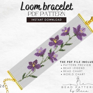 Paarse bloem weefgetouw armband patroon pdf, bloemenkralenontwerp, Miyuki Delica-rocailles, botanische sieraden DIY, kralengrafiek