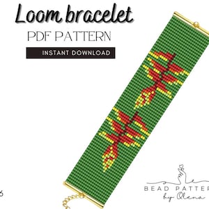 May include: A green loom bracelet with a red and yellow leaf design. The bracelet has gold-colored clasps and a gold chain. Text on the image reads "Loom bracelet PDF PATTERN INSTANT DOWNLOAD" and "BEAD PATTERNS by Olena."