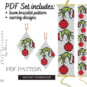 May include: A PDF pattern set featuring loom bracelet and earring designs. The earrings are diamond-shaped with a green and red Grinch-themed design. The loom bracelet pattern has a repeating Grinch and ornament pattern. The text "PDF PATTERN" and "INSTANT DOWNLOAD" are visible.