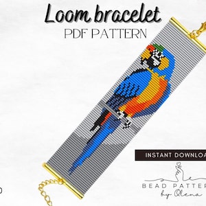 May include: A loom bracelet PDF pattern with a vibrant parrot design. The bracelet is mainly grey, showcasing a detailed image of a blue, yellow, and orange parrot. The text "Loom bracelet PDF PATTERN" is displayed at the top.