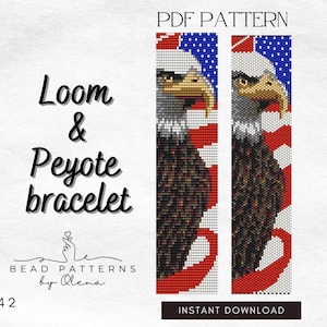 Könnte beinhalten: PDF-Muster für ein Loom- und Peyote-Armband mit einem detaillierten Design eines amerikanischen Weißkopfseeadlers. Das Design verwendet die Farben Rot, Weiß und Blau. Der Text "PDF PATTERN" und "INSTANT DOWNLOAD" sind sichtbar. Der Text "Loom & Peyote bracelet" ist ebenfalls vorhanden.