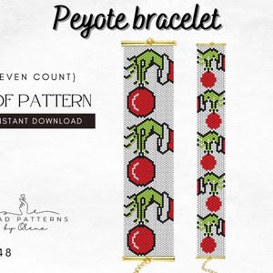 Op de afbeelding: Een digitaal PDF-patroon voor een peyote armband ontwerp. De armband heeft een herhalend patroon van rode ornamenten en groene handen op een witte achtergrond. De tekst "Peyote bracelet", "PDF Pattern" en "Instant Download" zijn zichtbaar.