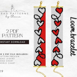 May include: Two PDF patterns for a loom bracelet featuring a red and white heart design. The patterns include a preview, bead legend, bead chart, and world chart. The title "Loom bracelet" is written vertically on the right side of the image.