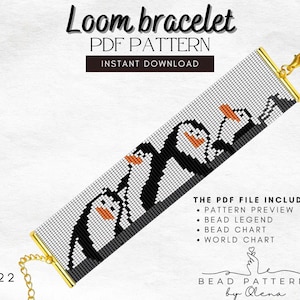 Puede incluir: Un patrón de brazalete de telar con un diseño de pingüinos. El archivo PDF incluye una vista previa del patrón, una leyenda de cuentas, un gráfico de cuentas y un gráfico mundial. El patrón se titula "Loom bracelet PDF PATTERN" y "BEAD PATTERNS by Olena".