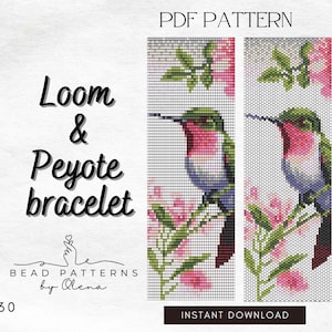 May include: PDF pattern for a loom and peyote stitch bracelet featuring a hummingbird with pink and blue feathers and flowers. The pattern is called "030" and is an instant download.
