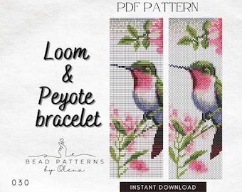 Patrón de telar de cuentas y pulsera peyote con diseño de colibrí – Diseño de abalorios en PDF, joyería inspirada en la naturaleza, Miyuki Delica 11/0, descarga instantánea.