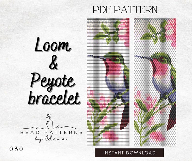 K&ouml;nnte beinhalten: PDF-Muster f&uuml;r ein Armband im Loom- und Peyote-Stil mit einem Kolibri mit rosa und blauen Federn und Blumen. Das Muster hei&szlig;t "030" und ist ein sofortiger Download.