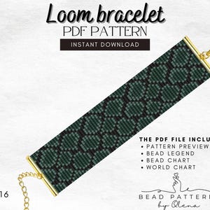 Bracelet à tisser en peau de serpent python, motif PDF, motif perlé vert foncé et noir, perles de reptile exotique, bijoux en perles de rocaille à faire soi-même
