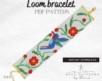 May include: Loom bracelet PDF pattern with a beaded design featuring a blue hummingbird, red flowers, and green vines. The bracelet has gold-colored metal ends and a clasp. Text on the image reads "Loom bracelet PDF PATTERN" and "INSTANT DOWNLOAD".