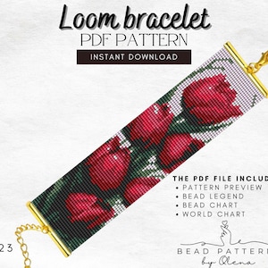 Tulpen Blumen Loom Armband PDF, Rotes Florales Perlendesign, Miyuki Delica Rocailles Perlen, Perlenkarte DIY