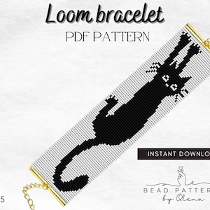 May include: A loom bracelet PDF pattern featuring a black cat design on a white background. The bracelet has gold-colored metal ends and a clasp. Text includes "Loom bracelet," "PDF PATTERN," and "INSTANT DOWNLOAD."