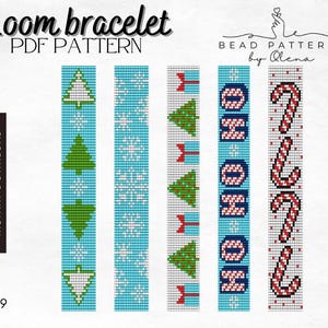 Puede incluir: Un patrón PDF digital para pulseras de telar con diseños navideños. Los patrones incluyen árboles de Navidad, copos de nieve, el texto "HO HO HO" y bastones de caramelo. El texto "Loom bracelet PDF pattern" está en la parte superior.