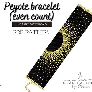 Könnte beinhalten: Schwarzes und goldenes Perlenmuster für ein Peyote-Armband mit einem Halbmond-Design. Der Text "Peyote bracelet (even count) INSTANT DOWNLOAD PDF PATTERN" wird angezeigt. Das Armband hat goldfarbene Endkappen und eine Kette.