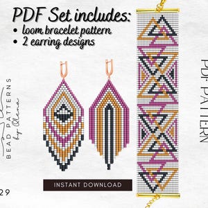 May include: A PDF pattern set for loom beading includes a bracelet and two earring designs. The bracelet and earrings feature a geometric pattern of pink, orange, white, and black triangles.