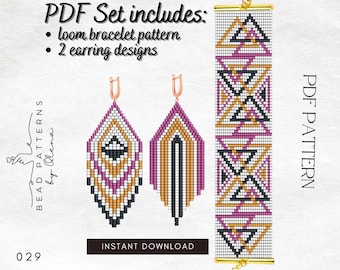 Geometric Loom Bracelet & Earrings Set PDF, 3 Beading Patterns, Miyuki Delica Seed Beads, Boho Tribal Jewelry DIY Beadwork Design
