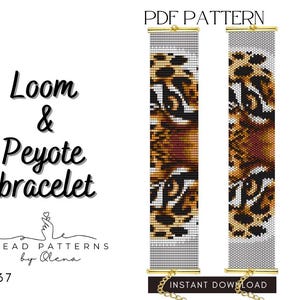 Può includere: Un modello PDF per un design di braccialetto loom e peyote. Il design del braccialetto presenta un motivo leopardato nei toni del marrone, nero e bianco. Il testo "Loom & Peyote bracelet" è visualizzato in corsivo nero. Le parole "PDF PATTERN" sono in alto.