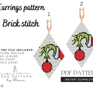 May include: A digital PDF pattern for diamond-shaped earrings using a brick stitch technique. The design features a green and red Christmas ornament. The image text includes "Earrings pattern Brick stitch" and "PDF Pattern Instant Download".