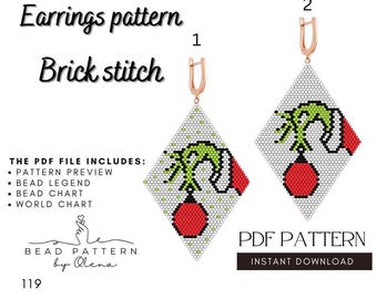Patrón PDF de pendientes con forma de mano del Grinch y adorno navideño - Joyería navideña con cuentas y punto ladrillo - 2 variaciones - Descarga instantánea