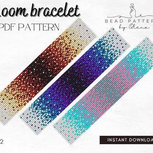 Puede incluir: Un patrón PDF digital para pulseras de telar. La imagen muestra cuatro diseños de pulseras coloridas con un efecto de degradado pixelado. Los esquemas de color incluyen rojo-naranja, morado, azul-blanco y rosa-azul. El texto dice "Loom bracelet PDF pattern" y "Instant Download."