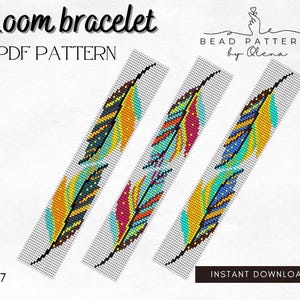 May include: Three loom bracelet patterns with colorful feather designs. The bracelets feature a variety of colors, including yellow, orange, blue, and pink. The text "Loom bracelet PDF PATTERN" is at the top, with "BEAD PATTERNS by Olena" and "INSTANT DOWNLOAD" at the bottom.