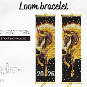 Puede incluir: Patrón PDF de pulsera de telar con diseño de caballo. El diseño presenta un fondo negro con una ilustración de caballo dorado. El texto "20 26" es visible. Las palabras "PDF Pattern" e "Instant Download" también son visibles.