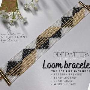 Könnte beinhalten: Ein Webarmbandmuster mit einem geometrischen Design in Schwarz, Gold und Weiß. Das Armband hat goldfarbene Metallverschlüsse. Das Bild enthält den Text "Loom bracelet" und "PDF Pattern Instant Download".
