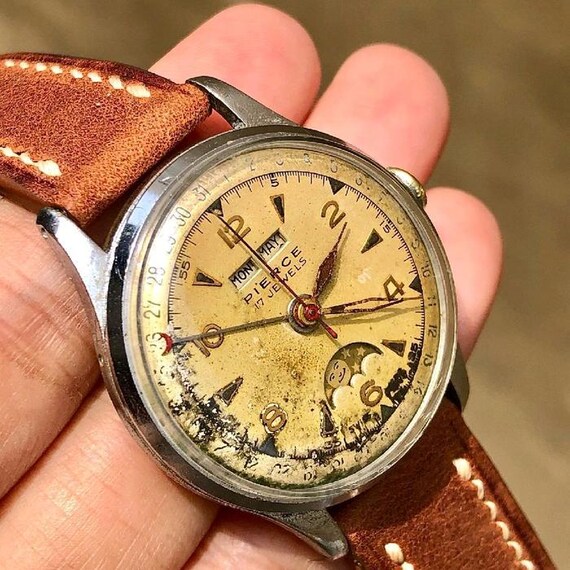 Pierce Triple Date Moonphase Watch: 1940s Swiss Calendar  display picture 1