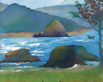 May include: Watercolor painting of a seascape with a rocky coastline, a blue sky, and a green grassy foreground. The painting features a small tree on the right side of the image and the text "www.carlapalmer.com" at the bottom.