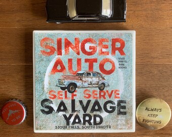 Singer Salvage Souvenir Tile Coaster by Lisa Was Here