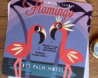 FLAMINGO DES PALM Motel - Souvenir Drink Beermat or Tile Coaster - Original Design by Lisa Was Here, The Coaster Gal