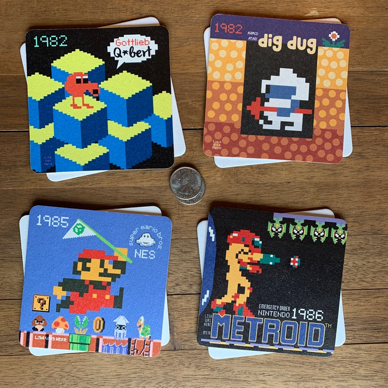 RETRO CLASSIC ARCADE Beermats Pick Your Set of 4 or 6 Video Game Drink Coasters Original Graphic Designs by LisaWasHere image 3