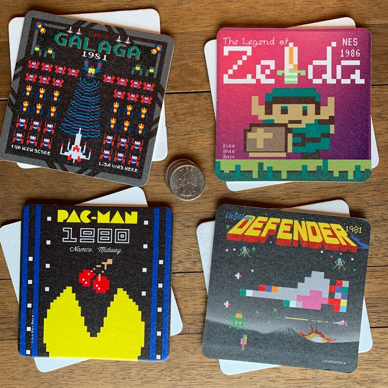 RETRO CLASSIC ARCADE Beermats Pick Your Set of 4 or 6 Video Game Drink Coasters Original Graphic Designs by LisaWasHere image 2