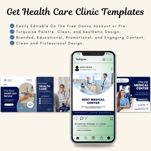 May include: A smartphone displays health care clinic templates with a turquoise and white color scheme. The templates include designs for social media posts, featuring medical professionals and the text "Best Medical Center."