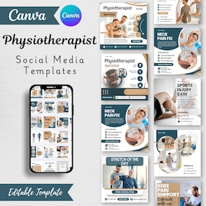 May include: A set of social media templates for physiotherapy services, with a smartphone showcasing design examples. The templates use teal, beige, and white, with text including "Physiotherapist Service" and "Neck Pain Fix".