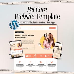 Könnte beinhalten: Eine Vorlage für eine Website zur Tierpflege mit dem Text "Pet Care Website Template" und "Care & Comfort for Your Beloved Pets". Das Design umfasst einen Laptop, ein Tablet und ein Telefon, die die Website anzeigen.