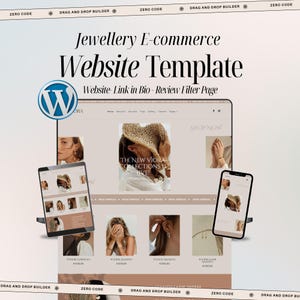 May include: A digital display of a jewellery e-commerce website template featuring a WordPress logo, a tablet, and a smartphone. The interface shows product images, a navigation menu, and the text "THE NEW VIORA COLLECTIONS IS LIVE" on a beige background.