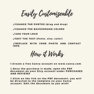 May include: Cream-colored graphic with black text. The text reads "Easily Customizeable" followed by bullet points detailing customization options. Below, "How it Works" introduces a three-step guide to using a Canva template.