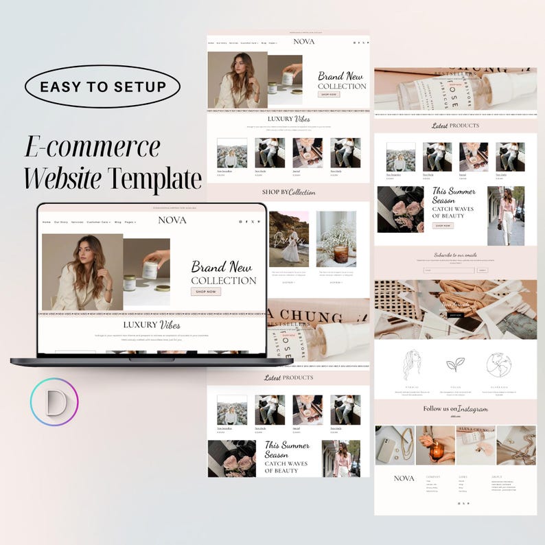 May include: An e-commerce website template displayed on a laptop and phone, showcasing a modern design with the text "E-commerce Website Template" and "Easy to Setup". The template features product displays, a "Brand New Collection" section, and the "NOVA" logo.