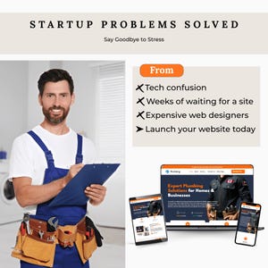 Op de afbeelding: Een advertentie voor website-oplossingen. De tekst luidt "STARTUP PROBLEMS SOLVED" en "Say Goodbye to Stress." Een man in een blauwe overall houdt een klembord vast. Een laptop en twee smartphones tonen een website.