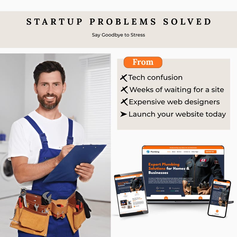 Op de afbeelding: Een advertentie voor website-oplossingen. De tekst luidt "STARTUP PROBLEMS SOLVED" en "Say Goodbye to Stress." Een man in een blauwe overall houdt een klembord vast. Een laptop en twee smartphones tonen een website.