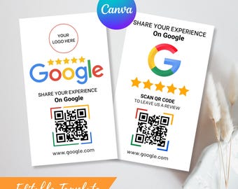 Google Review QR Code Sign Template - Scan to Review Card - Business Rating Feedback Canva Design