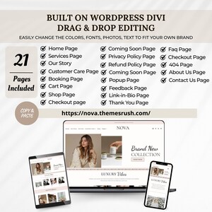 May include: A digital marketing image showcasing a website design built on WordPress Divi. The image displays a laptop, tablet, and smartphone, each with a different view of the website. Text highlights features like drag & drop editing and 21 included pages.