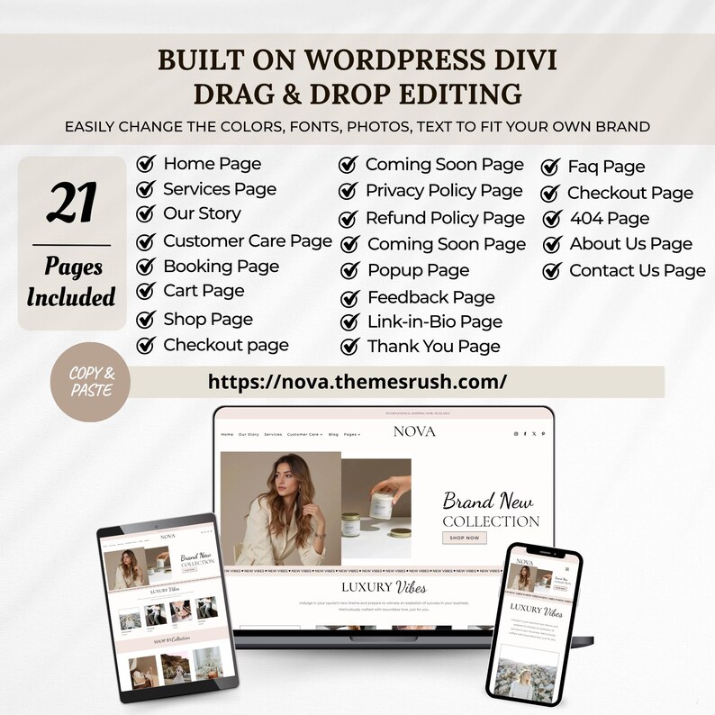 May include: A digital marketing image showcasing a website design built on WordPress Divi. The image displays a laptop, tablet, and smartphone, each with a different view of the website. Text highlights features like drag & drop editing and 21 included pages.