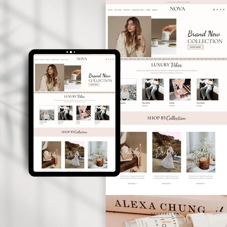 May include: A digital tablet and a laptop display a website with a soft pink and white color scheme. The website features the text "Brand New Collection" and "Luxury Vibes." Product categories include candles, dresses, and other items.